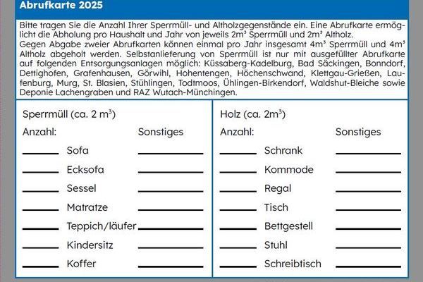 Sperrmll-Abrufkarte 2025, Vorderseite mit Angaben der Artikel, die zu entsorgen sind