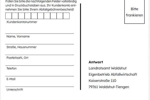 Sperrmll-Abrufkarte 2025, Rckseite mit Kundennummer und Anschrift zum Ausfllen