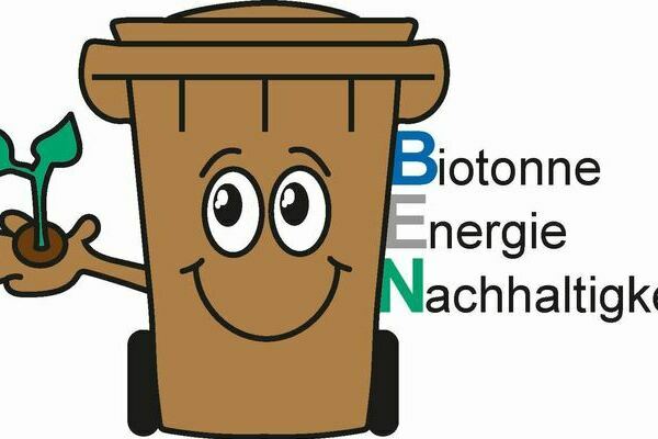 Das Bild zeigt BEN, die Biotonne mit einem gr�nen Keimling in der Hand und dem Schriftzug Biotonne, Energie, Nachhaltigkeit