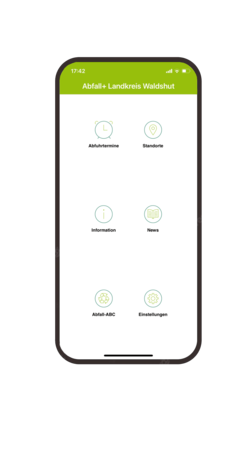 Abfall-App,  Ansicht der Startseite mit den Buttons Abfuhrtermine, Standorte, Information, News, Abfall-ABC, Einstellungen
