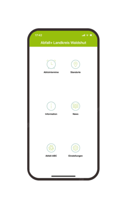 Abfall-App, Ansicht der Startseite mit den Buttons Abfuhrtermine, Standorte, Information, News, Abfall-ABC, Einstellungen, Quelle Abfallplus Abfall-App, Ansicht der Startseite mit den Buttons Abfuhrtermine, Standorte, Information, News, Abfall-ABC, Einstellungen, Quelle Abfallplus