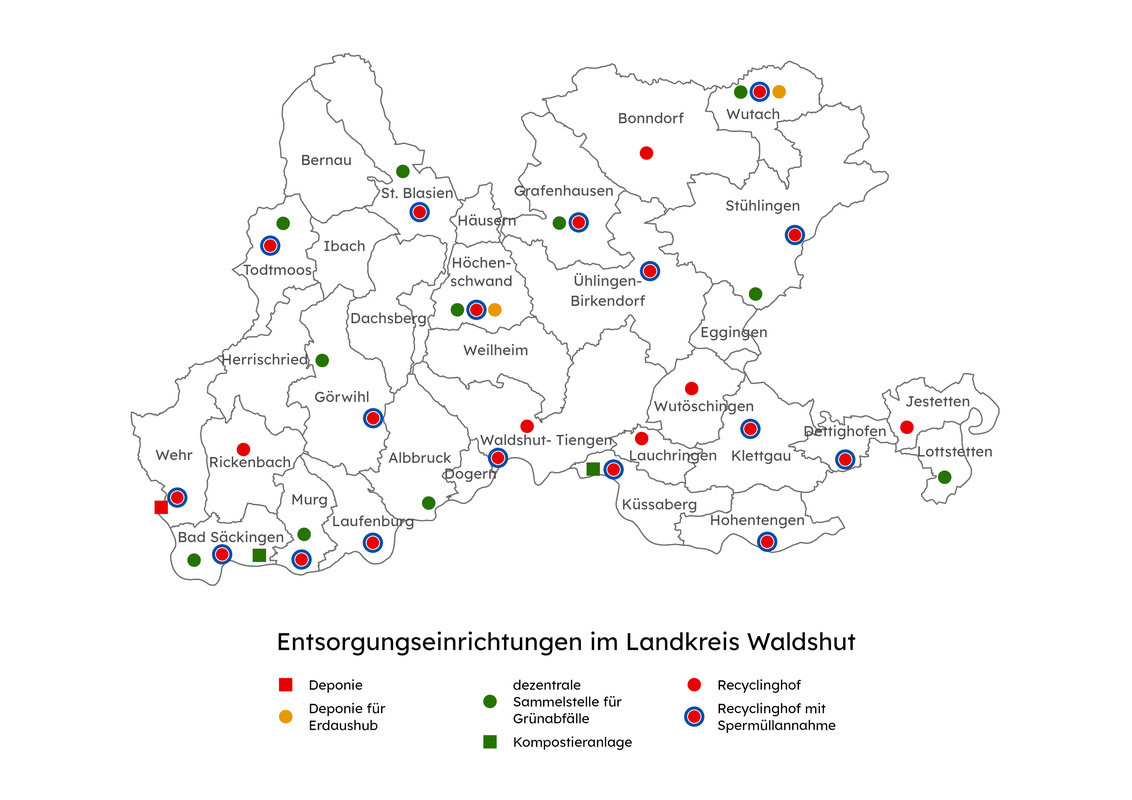 Das Bild zeigt eine Übersicht aller Entsorgungseinrichtungen im Landkreis Waldshut gekennzeichnet nach Deponie, Deponie für Erdaushub, dezentrale Sammelstelle für Grünabfälle, Kompostieranlage, Recyclinghof und Recyclinghof mit Sperrmüllannahme