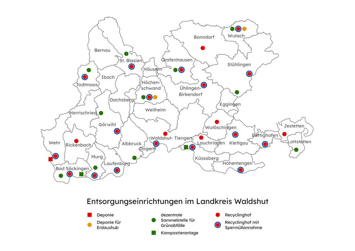 Das Bild zeigt eine bersicht aller Entsorgungseinrichtungen im Landkreis Waldshut gekennzeichnet nach Deponie, Deponie fr Erdaushub, dezentrale Sammelstelle fr Grnabflle, Kompostieranlage, Recyclinghof und Recyclinghof mit Sperrmllannahme