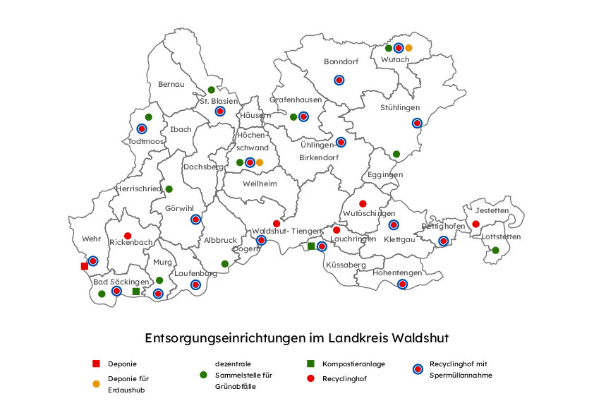 Das Bild zeigt eine bersicht aller Entsorgungseinrichtungen im Landkreis Waldshut gekennzeichnet nach Deponie, Deponie fr Erdaushub, dezentrale Sammelstelle fr Grnabflle, Kompostieranlage, Recyclinghof und Recyclinghof mit Sperrmllannahme