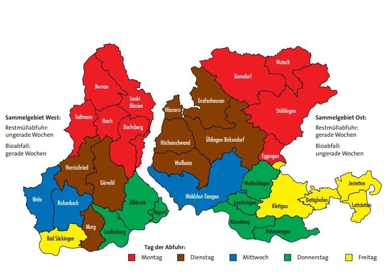 Das Bild zeigt die Sammelgebiete fr Rest- und Biomll getrennt nach Sammelgebiet Ost und West in einer Karte des Landkreises. Im Sammelgebiet West, Restmllabfuhr ungerade Wochen und Bioabfall gerade Wochen befinden sich folgende Bezirke: Bernau, Todtmoos, Ibach, Sankt Blasien und Dachsberg, Abfuhrtag Montag. Herrischried, Grwihl und Murg, Abfuhrtag Dienstag. Wehr und Rickenbach, Abfuhrtag Mittwoch. Albbruck, Dogern und Laufenburg, Abfuhrtag Donnerstag sowie Bad Sckingen, Abfuhrtag Freitag. Im Sammelgebiet Ost, Restmllabfuhr gerade Wochen und Biomllabfuhr ungerade Wochen befinden sich die folgenden Bezirke: Bonndorf, Eggingen, Sthlingen und Wutach, Abfuhrtag Montag. Grafenhausen, Husern, Hchenschwand, hlinen-Birkendorf und Weilheim, Abfuhrtag Dienstag. Waldshut-Tiengen, Abfuhrtag Mittwoch. Hohentengen, Kssaberg, Lauchringen und Wutschingen, Abfuhrtag Donnerstag, Dettighofen, Jestetten, Klettgau und Lottstetten, Abfuhrtag Freitag.