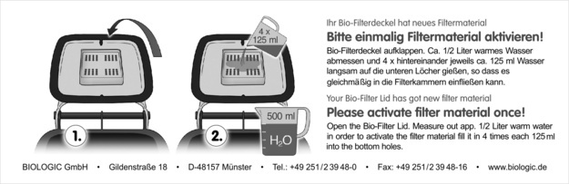 Anleitung zur einmaligen Biofilter-Aktivierung: Bio-Filterdeckel aufklappen, ca. 0,5 l warmes Wasser abmessen und langsam auf die unteren Lcher gieen, so dass es gleichmig in die Filterkammern einflieen kann.