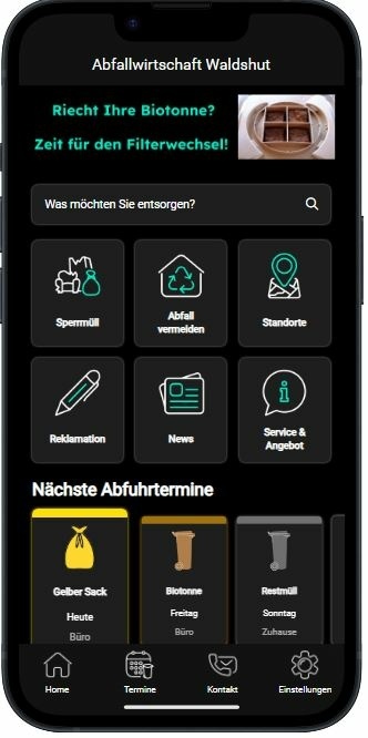 Startscreen der neuen Abfall-App im Darkmodus