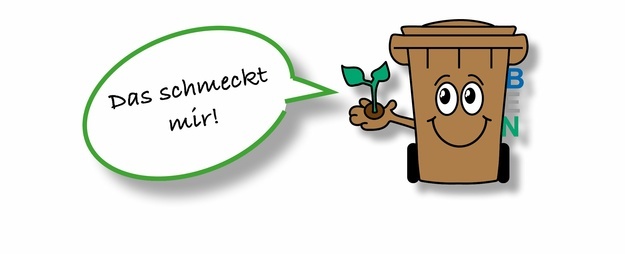 Lachender BEN, die Biotonne mit Sprechblase "Das schmeckt mir", Grafik G. Kaiser