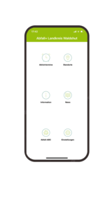 Das Bild zeigt die Startseite der Abfall-App mit den Button Abfuhrtermine, Standorte, Information, News, Abfall-ABC und Einstellungen. Quelle Abfalllplus