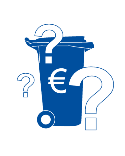 Das Bild zeigt als Beispiel eine blaue Mülltonne mit einem Eurozeichen sowie drei Fragezeichen, die rund um die Tonne platziert sind., Grafik G. Kaiser