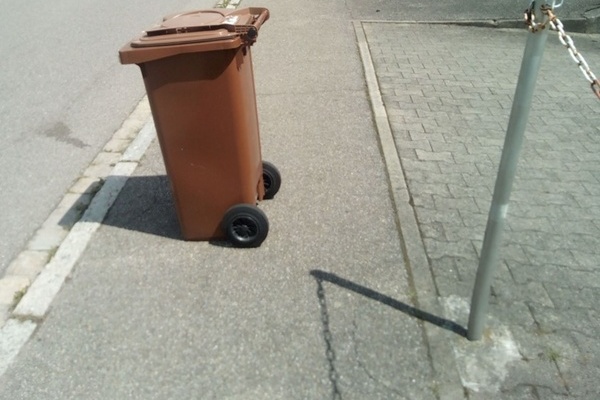 Biotonne mitten auf einem Gehweg